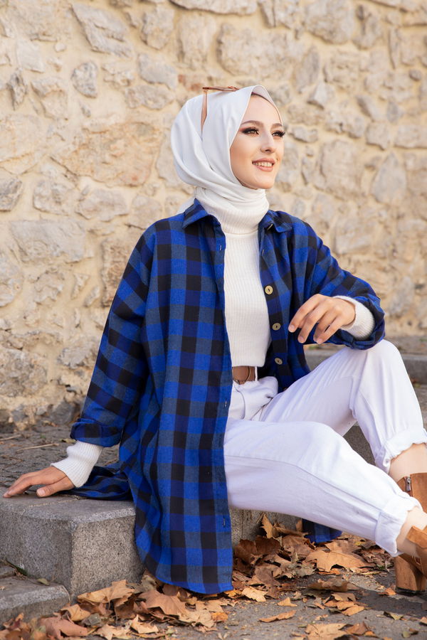 Düz Gömlek Yaka Kadın Mavi YARASA KOL TUNIK - 3298