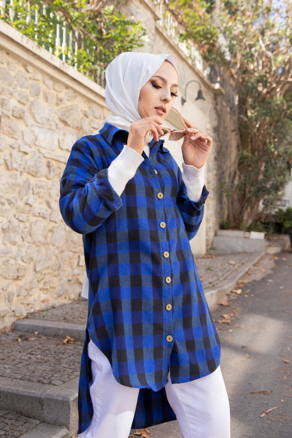 Düz Gömlek Yaka Kadın Mavi YARASA KOL TUNIK - 3298