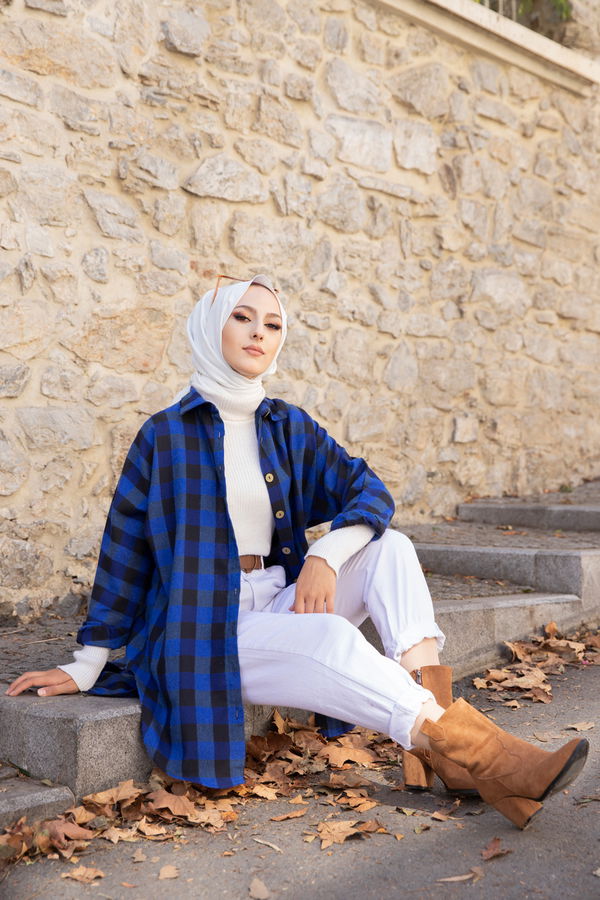Düz Gömlek Yaka Kadın Mavi YARASA KOL TUNIK - 3298