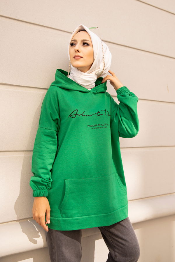 Düz Kapşonlu Yaka Kadın Yeşil KAPSONLU SWEAT - 8617 YEŞİL