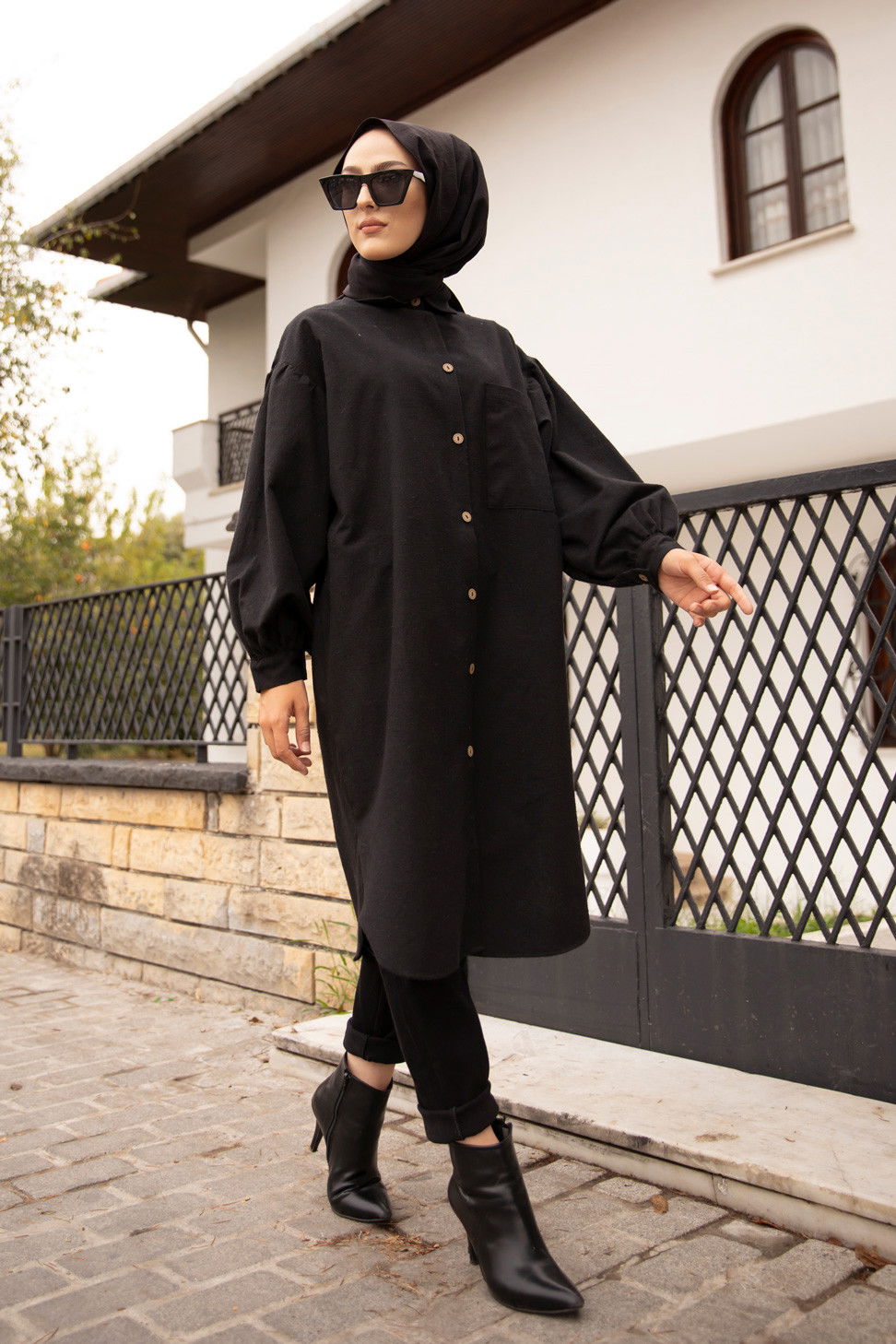 Düz Gömlek Yaka Kadın Siyah TUNIK - 13275