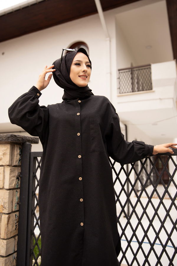 Düz Gömlek Yaka Kadın Siyah TUNIK - 13275