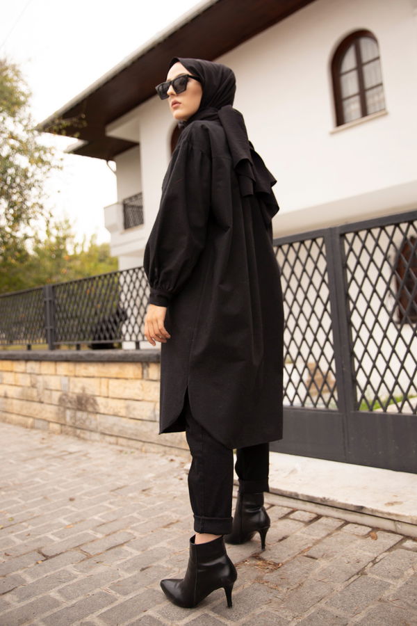 Düz Gömlek Yaka Kadın Siyah TUNIK - 13275