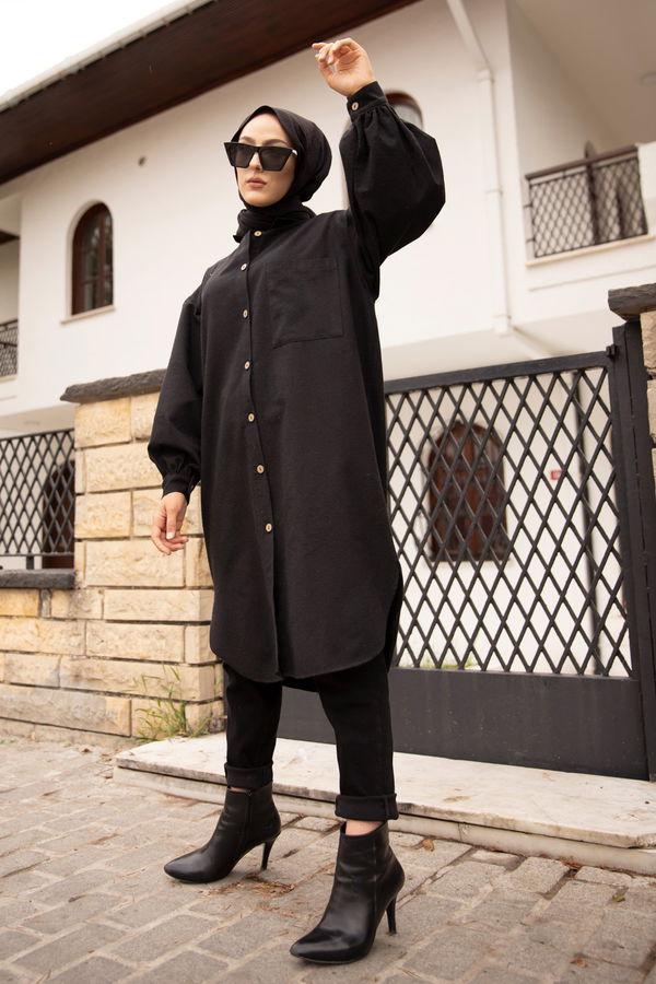 Düz Gömlek Yaka Kadın Siyah TUNIK - 13275