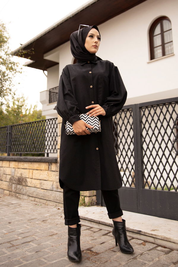 Düz Gömlek Yaka Kadın Siyah TUNIK - 13275