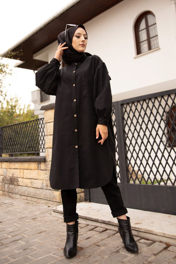 Düz Gömlek Yaka Kadın Siyah TUNIK - 13275