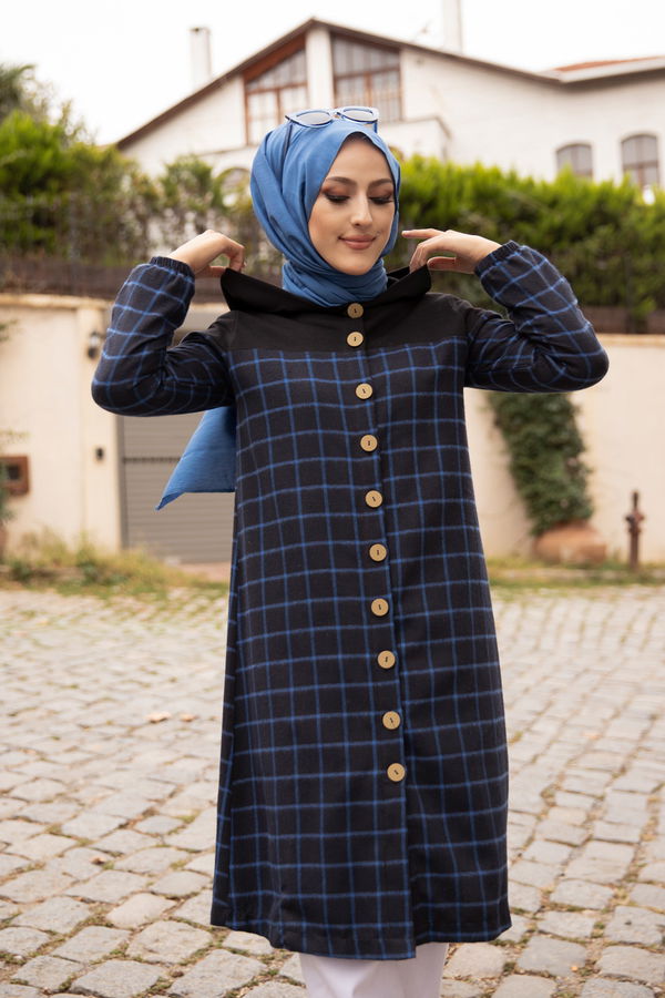 Düz Kapşonlu Yaka Kadın Mavi KAPSONLU TUNIK - 8609 MAVİ