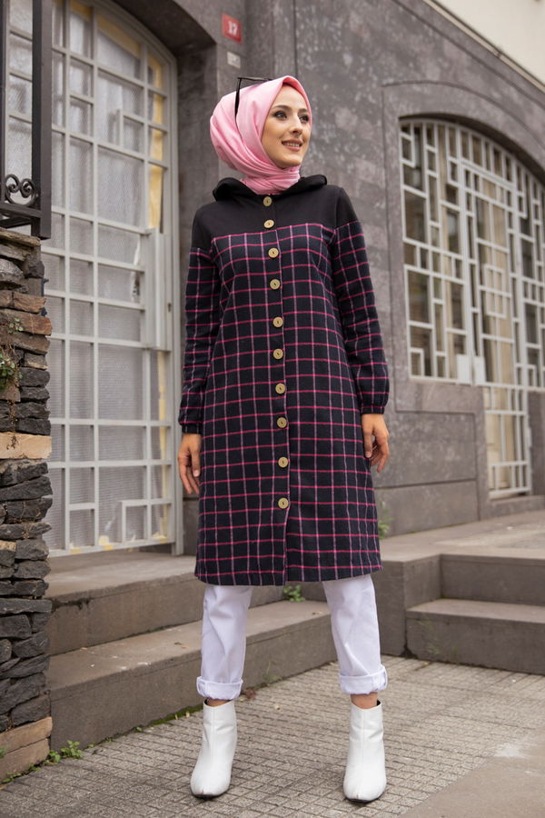Düz Kapşonlu Yaka Kadın Fuşya KAPSONLU TUNIK - 8609 FUŞYA