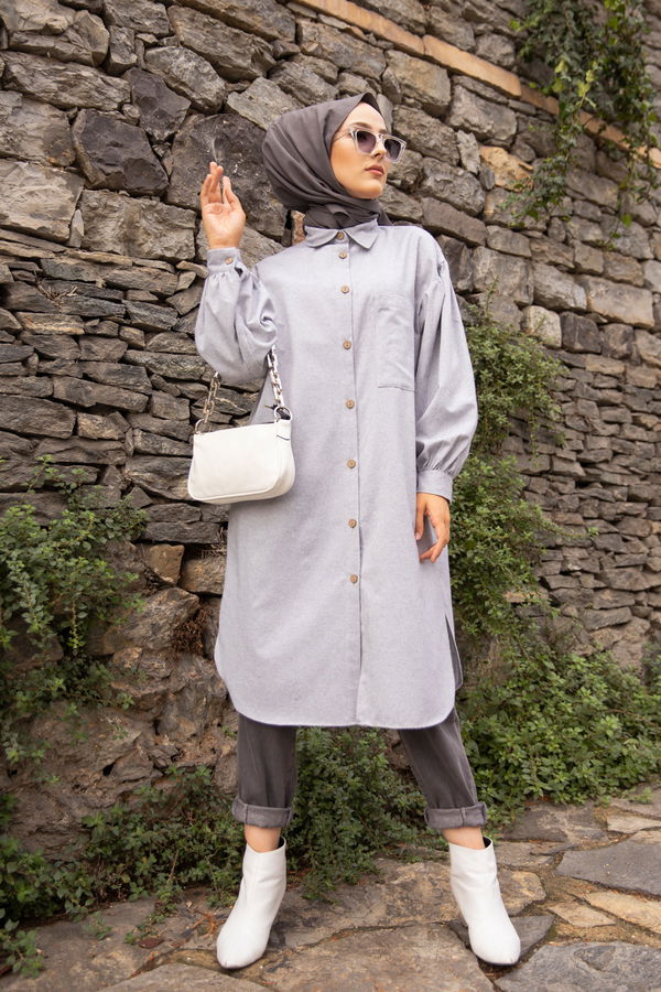 Düz Gömlek Yaka Kadın Gri TUNIK - 13275
