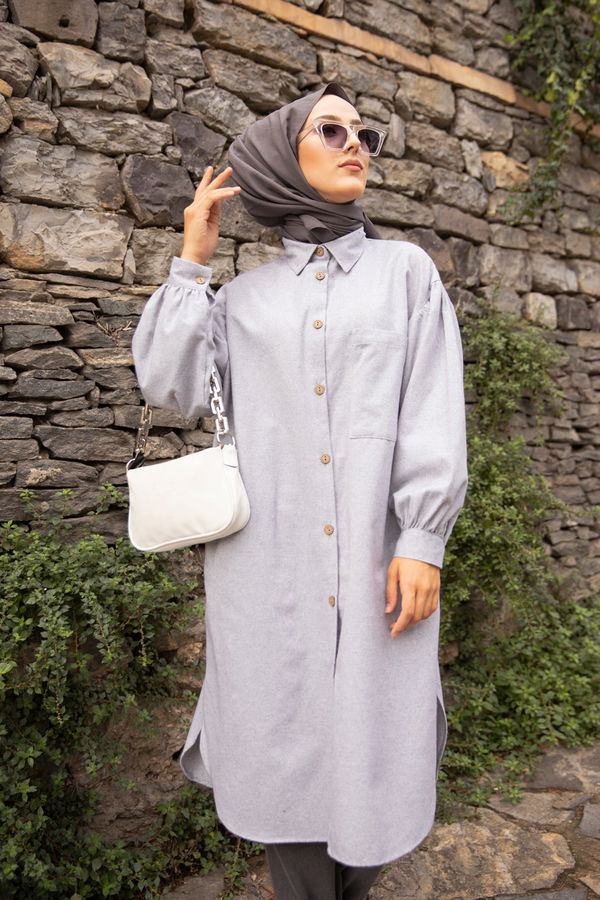 Düz Gömlek Yaka Kadın Gri TUNIK - 13275