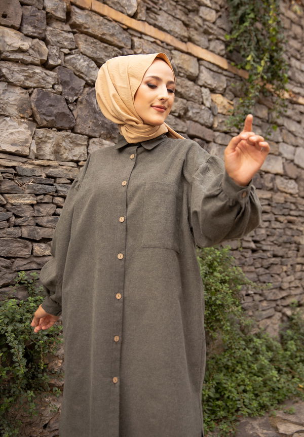 Düz Gömlek Yaka Kadın Haki TUNIK - 13275 HAKİ