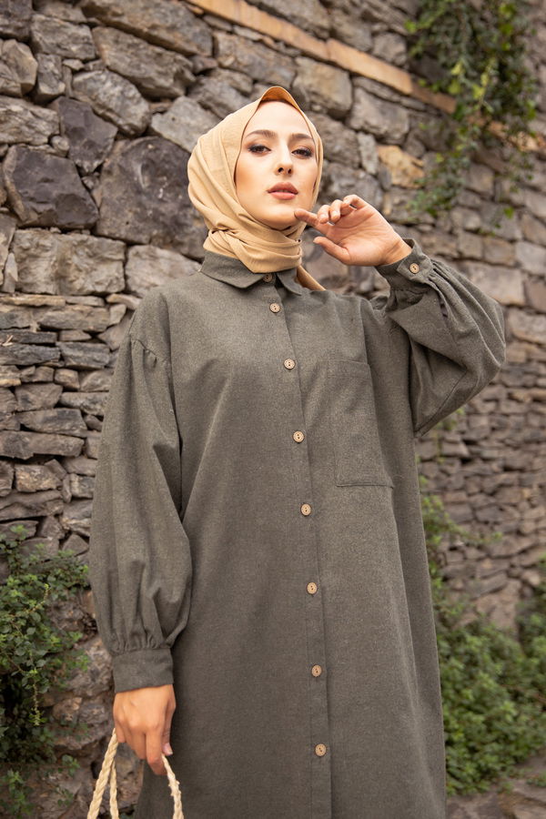 Düz Gömlek Yaka Kadın Haki TUNIK - 13275 HAKİ