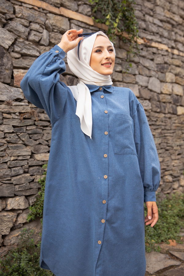 Düz Gömlek Yaka Kadın Mavi TUNIK - 13275 MAVİ