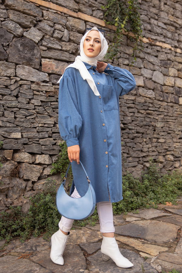 Düz Gömlek Yaka Kadın Mavi TUNIK - 13275 MAVİ