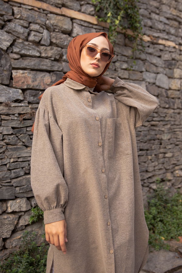 Düz Gömlek Yaka Kadın Bej TUNIK - 13275