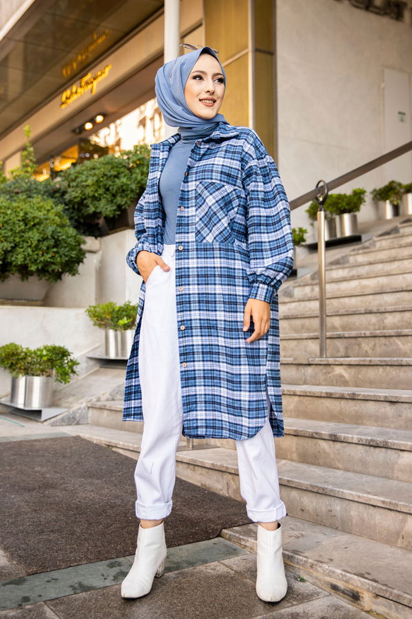 Düz Gömlek Yaka Kadın Lacivert 8623 TUNIK - Mavi - STD - 8623