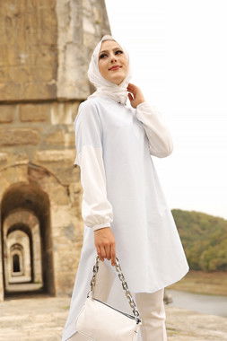 Düz Bisiklet Yaka Kadın Mavi CIZGILI TUNIK - 3241 MAVİ