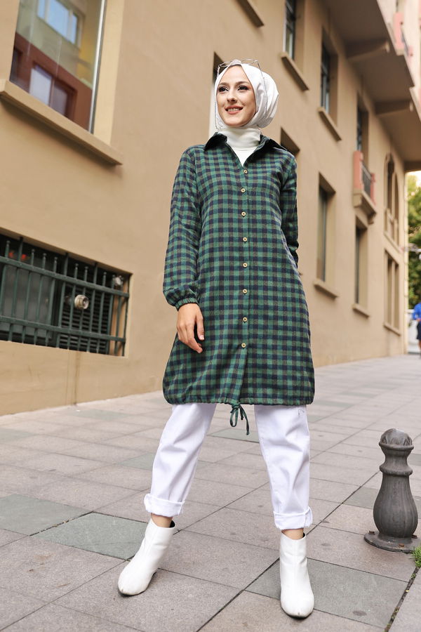 Düz Gömlek Yaka Kadın Yeşil TUNIK - 3294