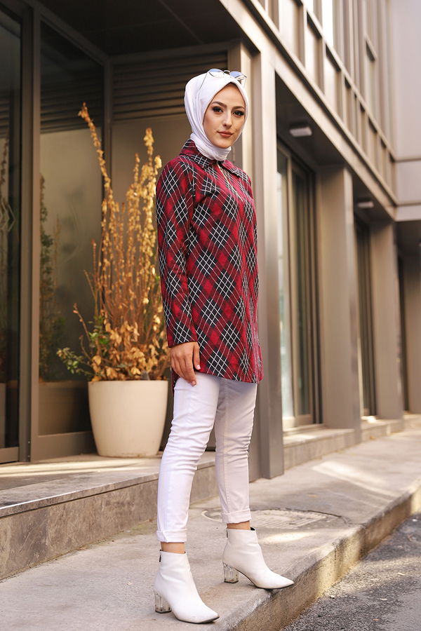 Düz Gömlek Yaka Kadın Bordo 3345 TUNIK - 3345 BORDO