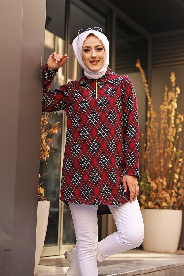 Düz Gömlek Yaka Kadın Bordo 3345 TUNIK - 3345 BORDO