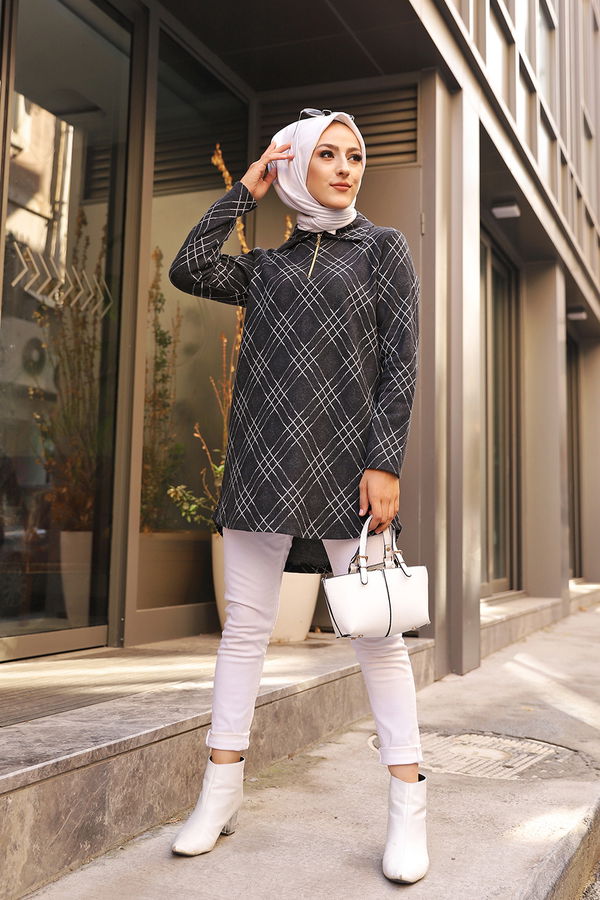 Düz Gömlek Yaka Kadın Siyah 3345 TUNIK - 3345 SİYAH