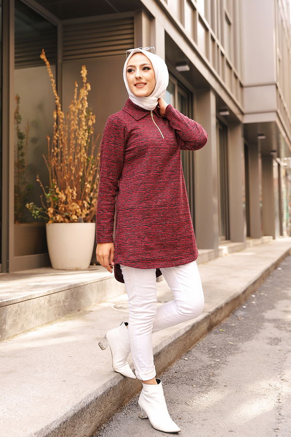 Düz Gömlek Yaka Kadın Bordo 8629 TUNIK - 8629 BORDO