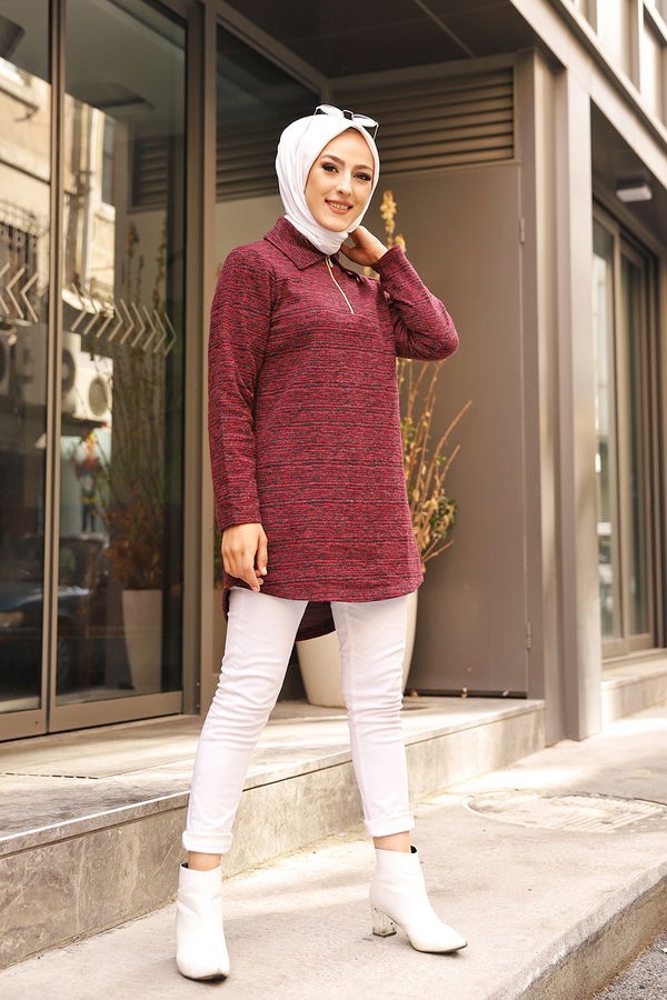 Düz Gömlek Yaka Kadın Bordo 8629 TUNIK - 8629 BORDO
