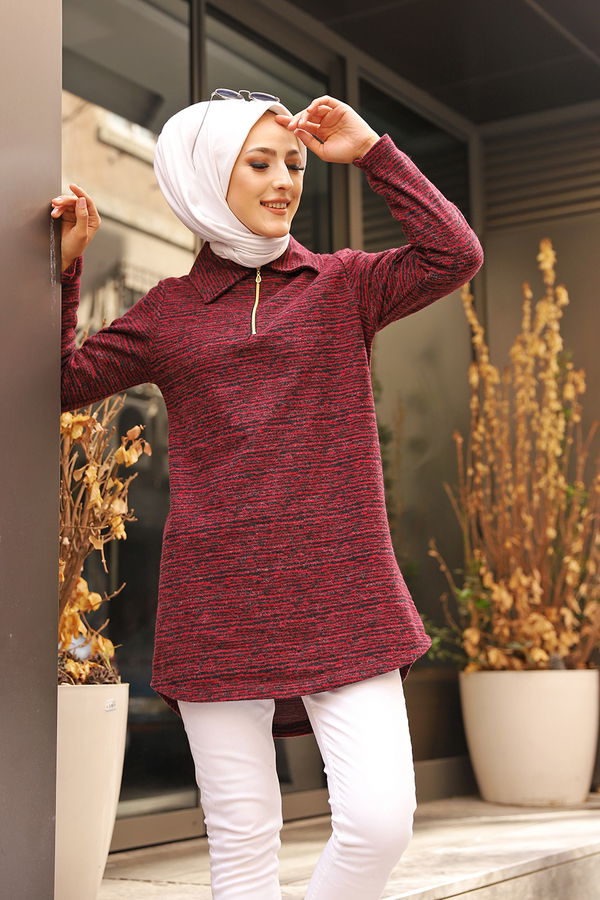 Düz Gömlek Yaka Kadın Bordo 8629 TUNIK - 8629 BORDO