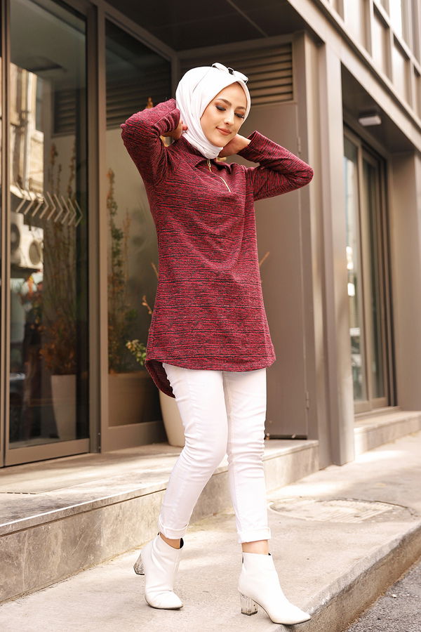 Düz Gömlek Yaka Kadın Bordo 8629 TUNIK - 8629 BORDO