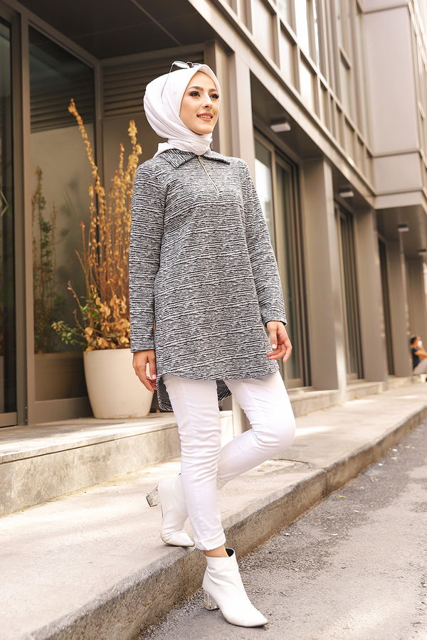 Düz Gömlek Yaka Kadın Gri 8629 TUNIK - 8629 GRİ
