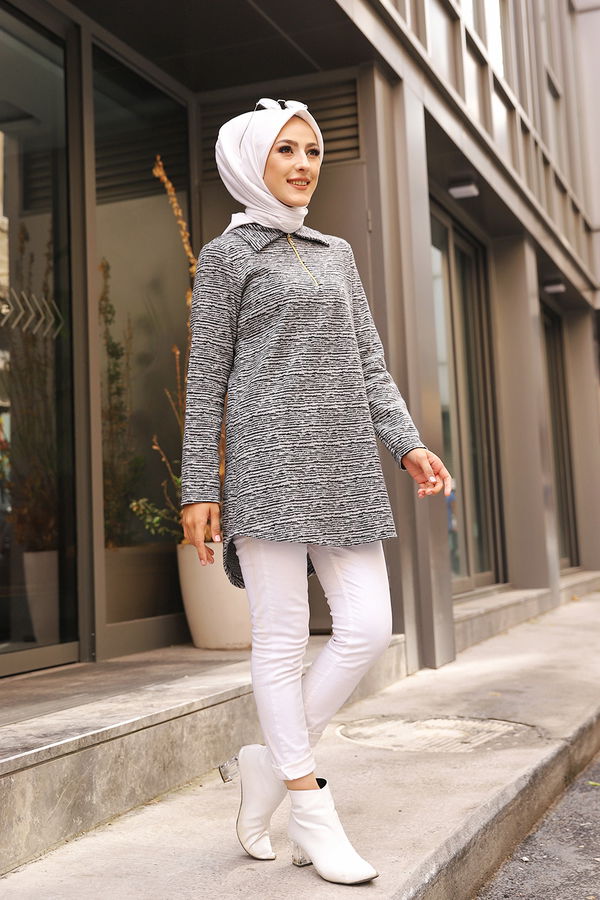Düz Gömlek Yaka Kadın Gri 8629 TUNIK - 8629 GRİ
