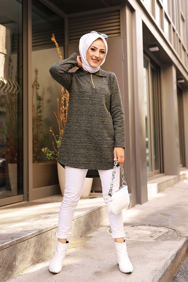 Düz Gömlek Yaka Kadın Haki 8629 TUNIK - 8629
