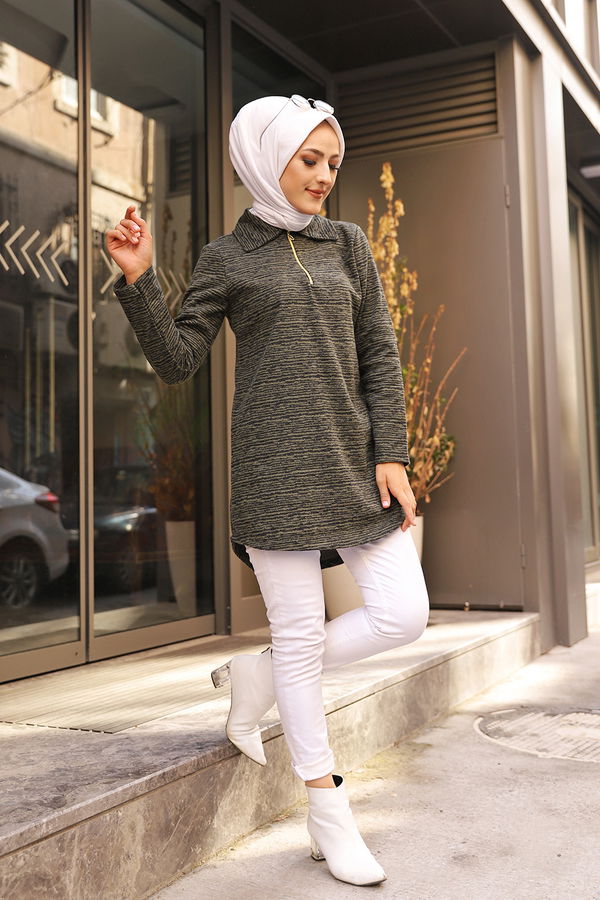 Düz Gömlek Yaka Kadın Haki 8629 TUNIK - 8629