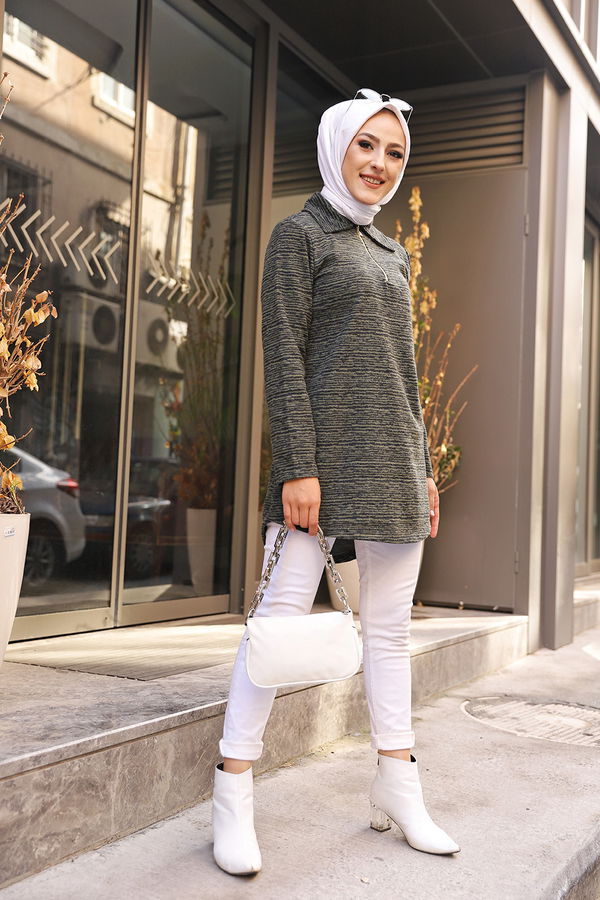 Düz Gömlek Yaka Kadın Haki 8629 TUNIK - 8629