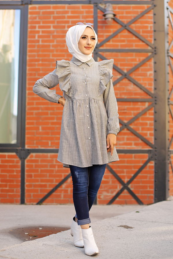 Düz Gömlek Yaka Kadın Ekru 9059 TUNIK - 9059 EKRU