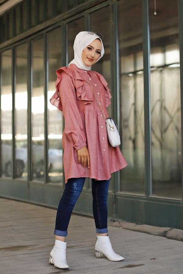 Düz Gömlek Yaka Kadın Kiremit 9059 TUNIK - 9059 KİREMİT