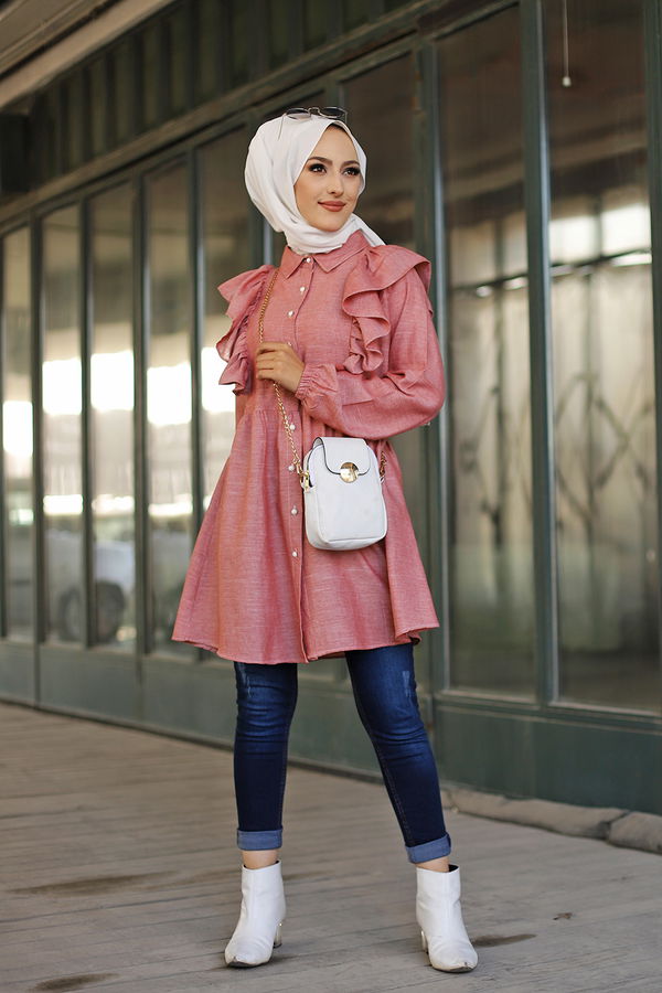 Düz Gömlek Yaka Kadın Kiremit 9059 TUNIK - 9059 KİREMİT