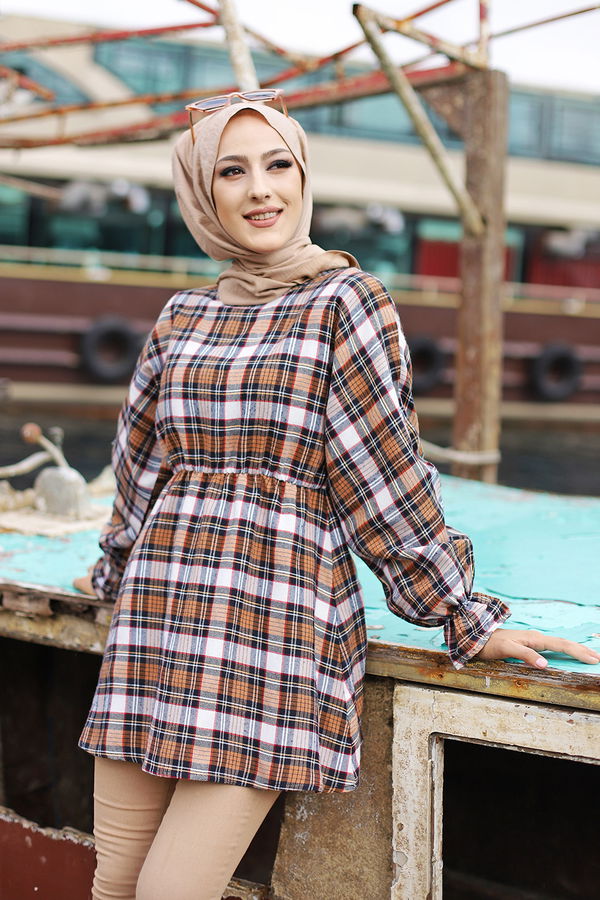Düz Bisiklet Yaka Kadın Taba YARASA KOL TUNIK - 3299