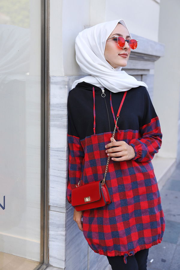 Düz Kapşonlu Yaka Kadın Kırmızı KAPSONLU TUNIK - 3300