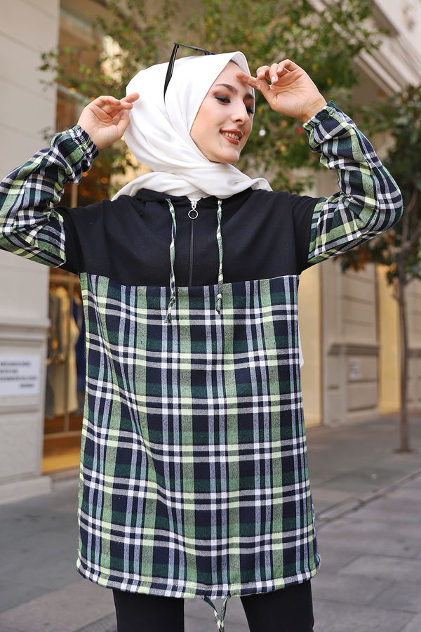 Düz Kapşonlu Yaka Kadın Siyah KAPSONLU TUNIK - 3300 SİYAH
