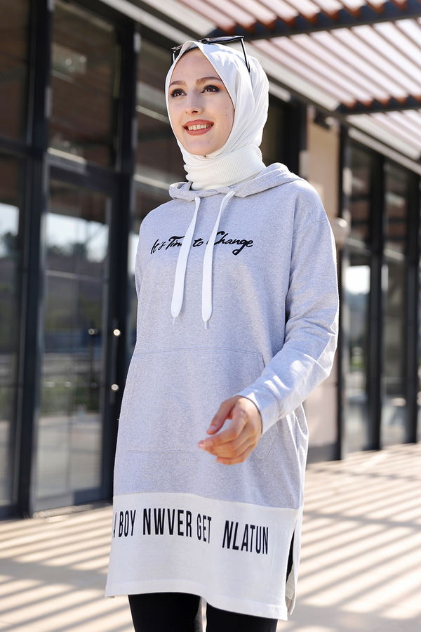 Düz Kapşonlu Yaka Kadın Gri TUNIK - 3328 GRİ