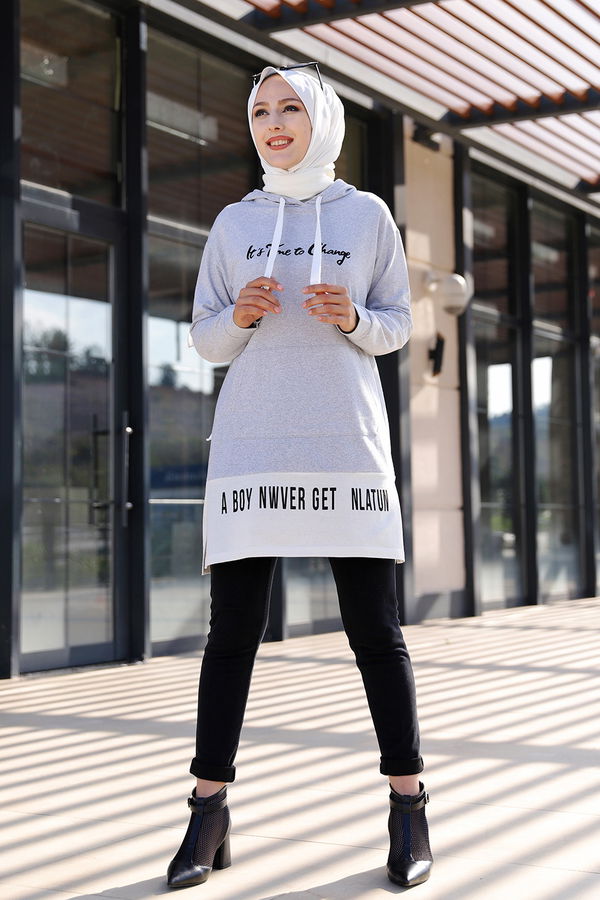 Düz Kapşonlu Yaka Kadın Gri TUNIK - 3328 GRİ