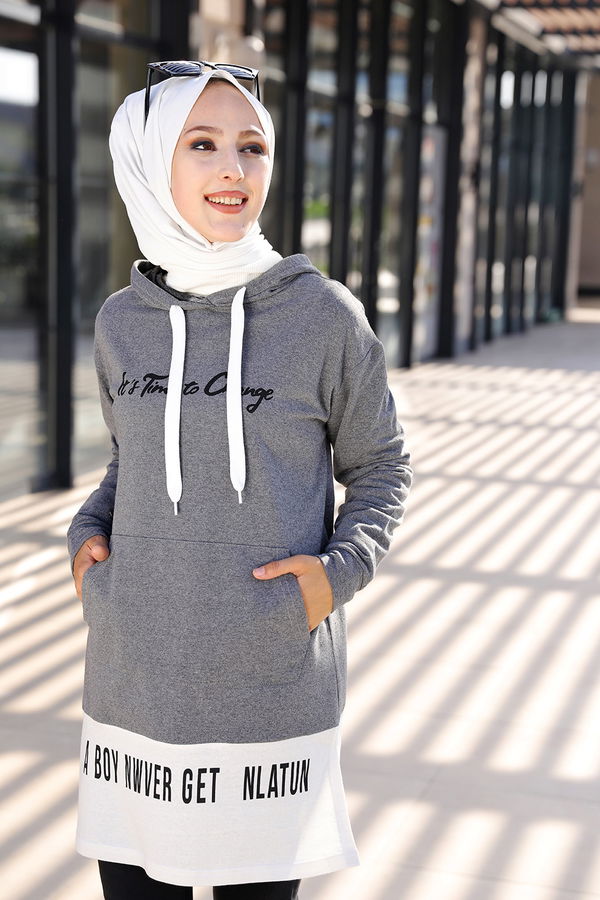 Düz Kapşonlu Yaka Kadın Gri TUNIK - 3328 GRİ