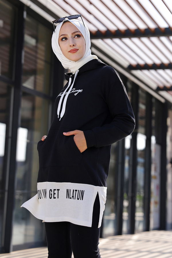 Düz Kapşonlu Yaka Kadın Siyah TUNIK - 3328 SİYAH