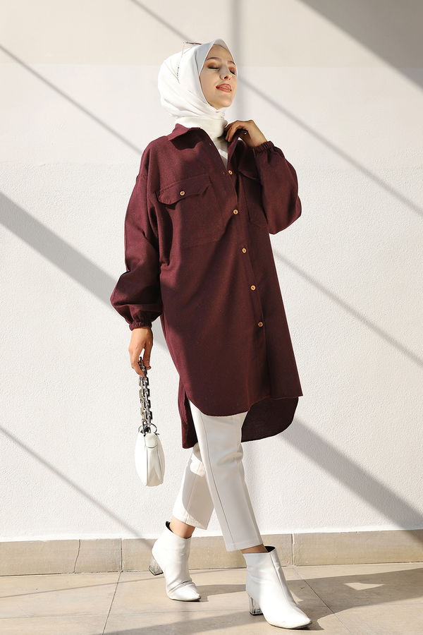 Düz Gömlek Yaka Kadın Bordo TUNIK - 13303 BORDO