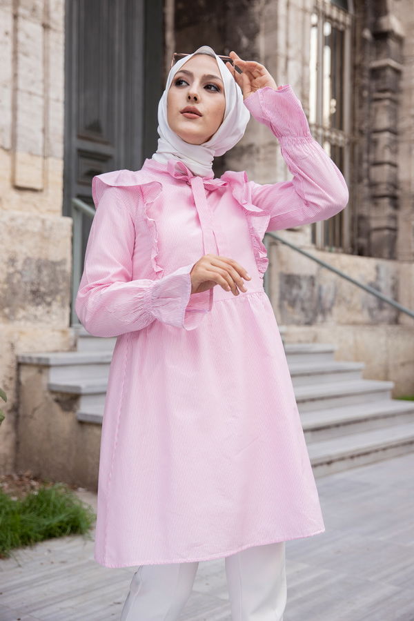 Düz Hakim Yaka Kadın Pembe Cızgılı Tunık - 3232