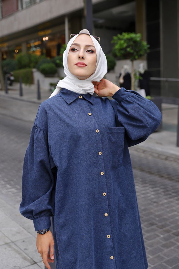 Düz Gömlek Yaka Kadın Lacivert TUNIK - 13275 LACİVERT