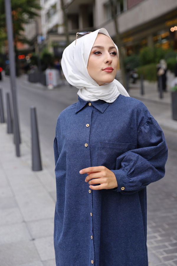 Düz Gömlek Yaka Kadın Lacivert TUNIK - 13275 LACİVERT