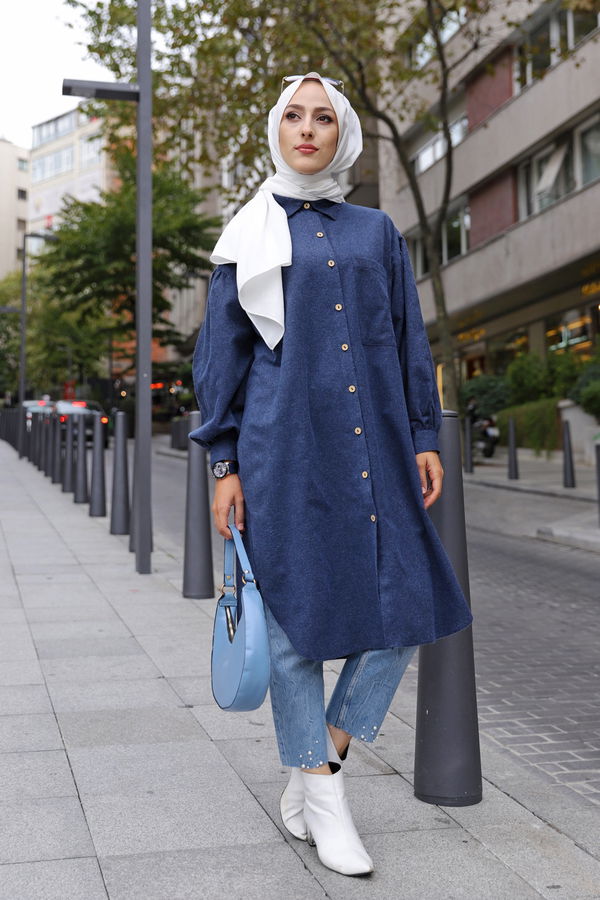 Düz Gömlek Yaka Kadın Lacivert TUNIK - 13275 LACİVERT