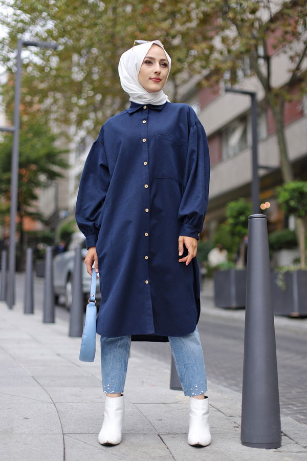 Düz Gömlek Yaka Kadın Lacivert TUNIK - 13275 LACİVERT